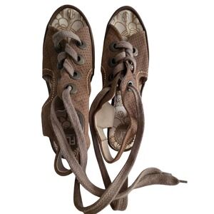 Fly London Lace Up Wedge Sandals Brown Leather‎ Perforated Slingback Women's